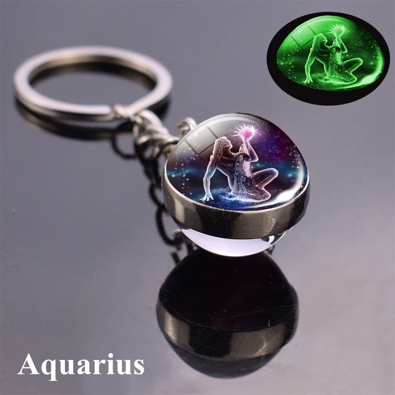 12 Constellation Luminous Keychain Glass Ball Pendant Zodiac Keychain - Bakyat Store