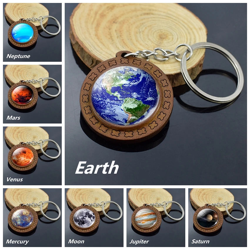 Handmade Solar System Wooden Keychain Earth Moon Jupiter Mars Planet Keyring Keyholder Astronomy Lovers Gifts - Bakyat Store