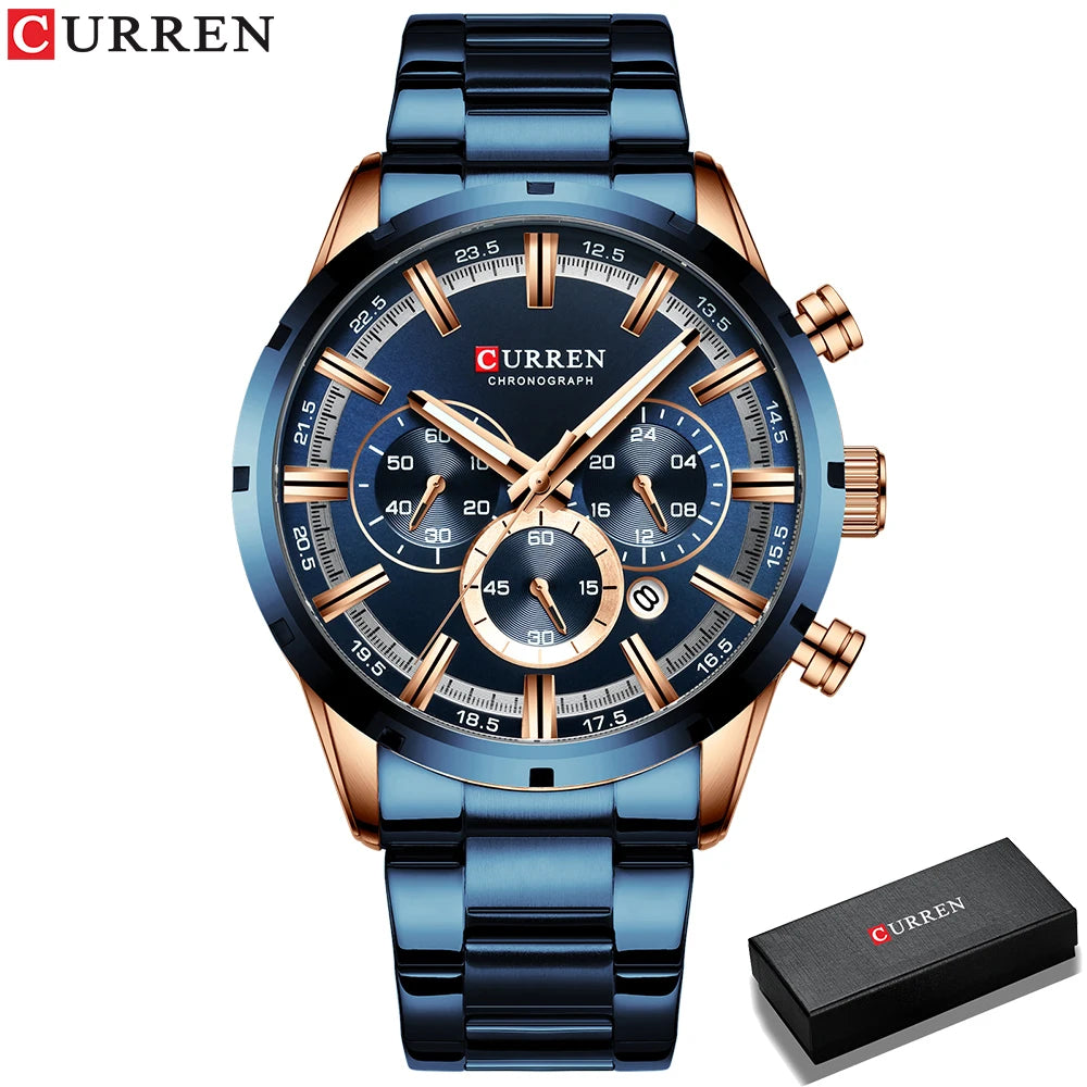 Curren Men's Watch Blue Dial Stainless Steel Band Date Mens Business Male Watches Waterproof Luxuries Men Wrist Watches for Men - Bakyat Store