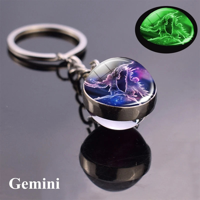 12 Constellation Luminous Keychain Glass Ball Pendant Zodiac Keychain - Bakyat Store