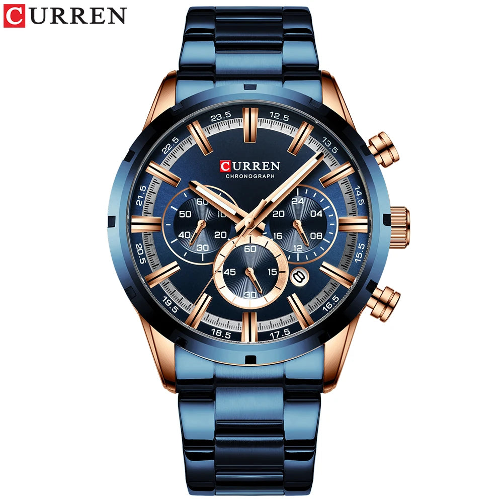 Curren Men's Watch Blue Dial Stainless Steel Band Date Mens Business Male Watches Waterproof Luxuries Men Wrist Watches for Men - Bakyat Store