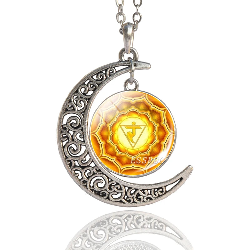 7 Chakra Pendant Yoga Meditation Necklace Vintage Handmade Chakra Crescent Moon Necklace Buddhism Indian Jewelry Women - Bakyat Store