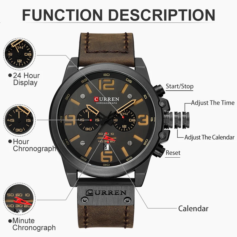 CURREN Mens Watches Top Luxury Brand Waterproof Sport Wrist Watch Chronograph Quartz Military Genuine Leather Relogio Masculino - Bakyat Store