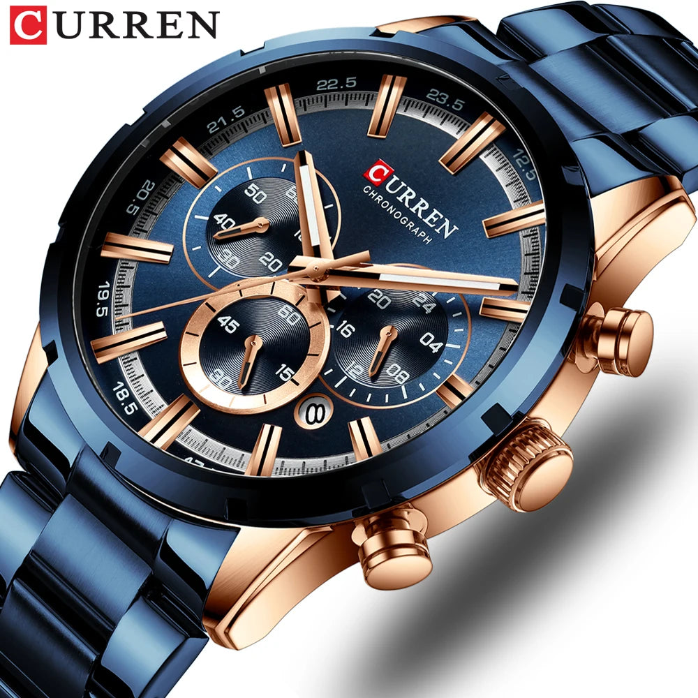 Curren Men's Watch Blue Dial Stainless Steel Band Date Mens Business Male Watches Waterproof Luxuries Men Wrist Watches for Men - Bakyat Store