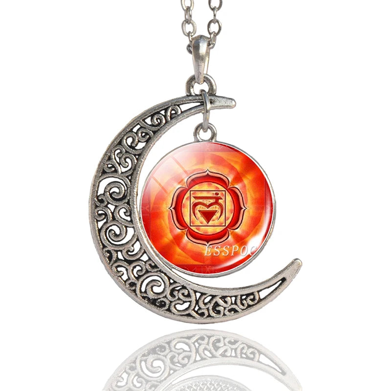 7 Chakra Pendant Yoga Meditation Necklace Vintage Handmade Chakra Crescent Moon Necklace Buddhism Indian Jewelry Women - Bakyat Store