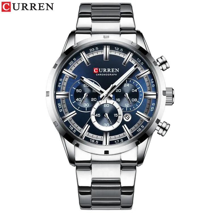 Curren Men's Watch Blue Dial Stainless Steel Band Date Mens Business Male Watches Waterproof Luxuries Men Wrist Watches for Men - Bakyat Store