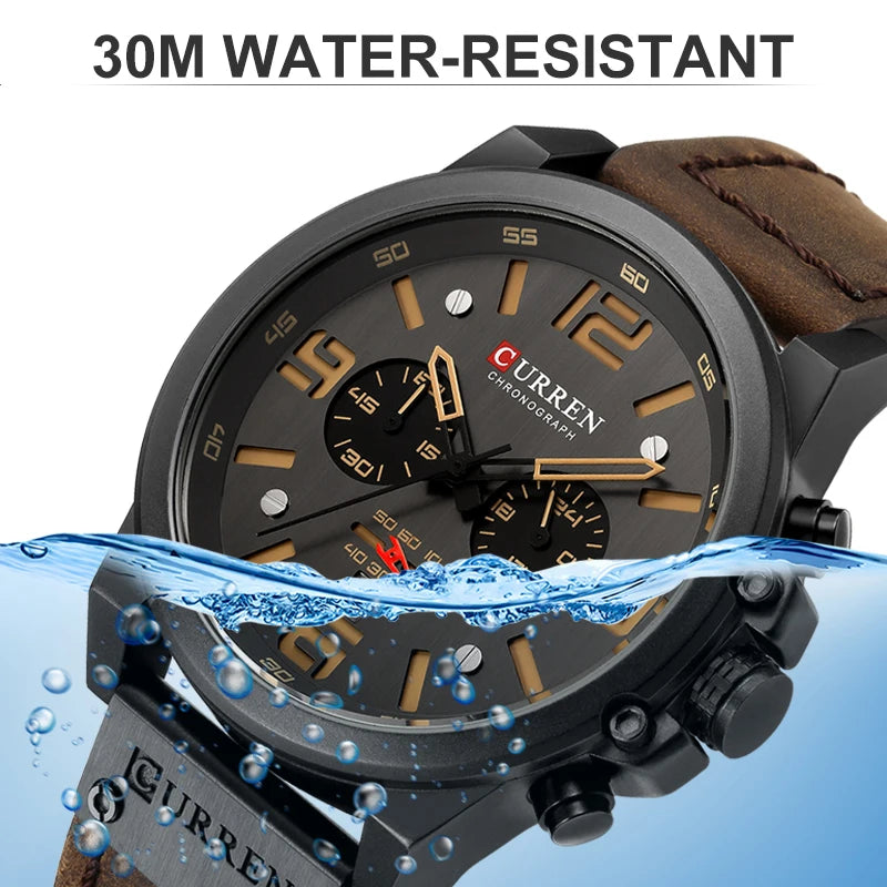 CURREN Mens Watches Top Luxury Brand Waterproof Sport Wrist Watch Chronograph Quartz Military Genuine Leather Relogio Masculino - Bakyat Store