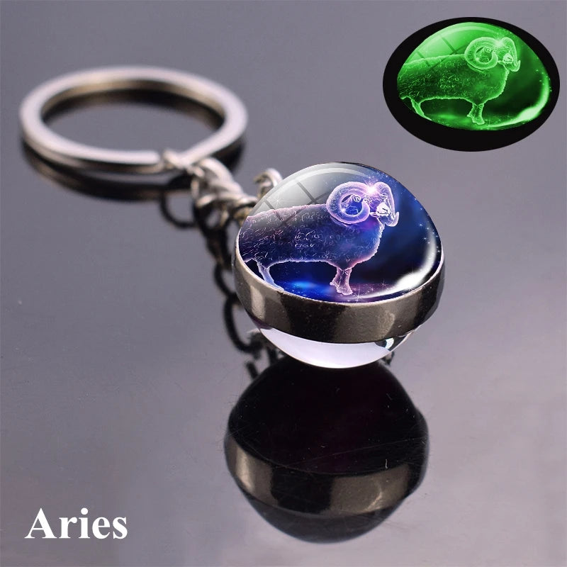 12 Constellation Luminous Keychain Glass Ball Pendant Zodiac Keychain - Bakyat Store