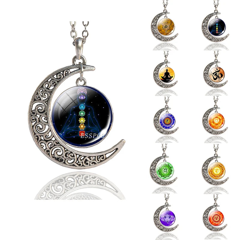 7 Chakra Pendant Yoga Meditation Necklace Vintage Handmade Chakra Crescent Moon Necklace Buddhism Indian Jewelry Women - Bakyat Store