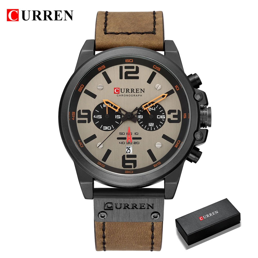 CURREN Mens Watches Top Luxury Brand Waterproof Sport Wrist Watch Chronograph Quartz Military Genuine Leather Relogio Masculino - Bakyat Store