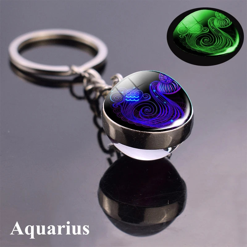 12 Constellation Luminous Keychain Glass Ball Pendant Zodiac Keychain - Bakyat Store