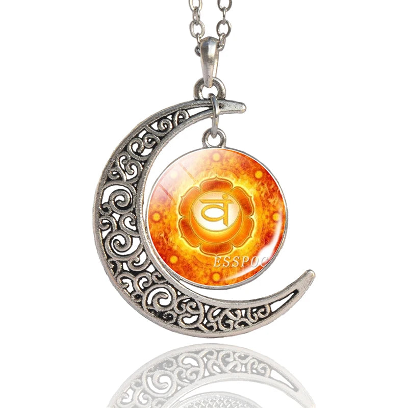 7 Chakra Pendant Yoga Meditation Necklace Vintage Handmade Chakra Crescent Moon Necklace Buddhism Indian Jewelry Women - Bakyat Store