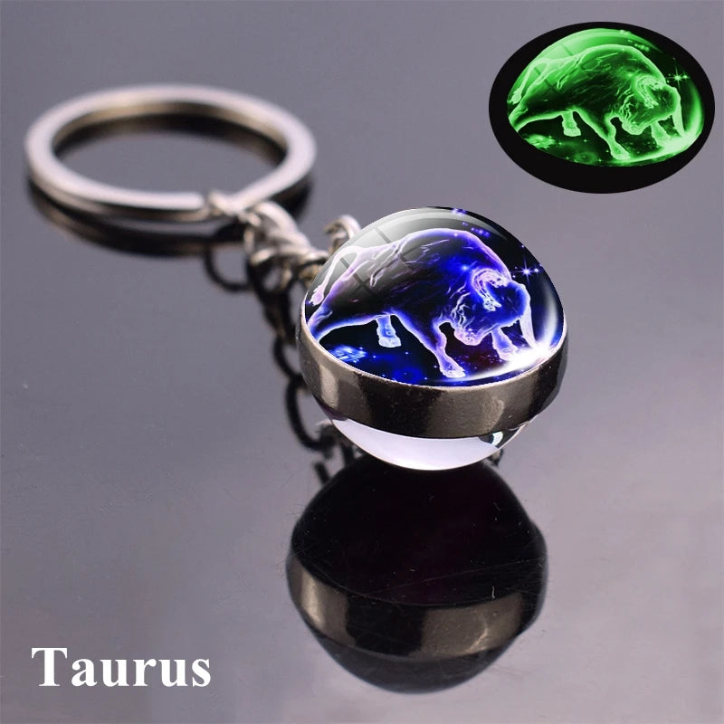 12 Constellation Luminous Keychain Glass Ball Pendant Zodiac Keychain - Bakyat Store