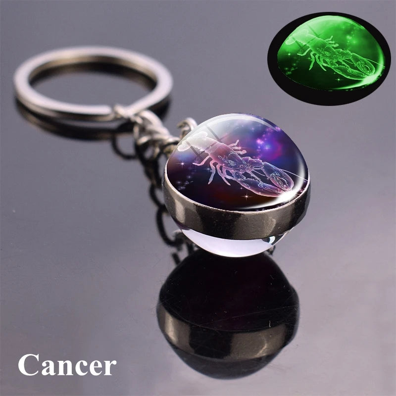 12 Constellation Luminous Keychain Glass Ball Pendant Zodiac Keychain - Bakyat Store