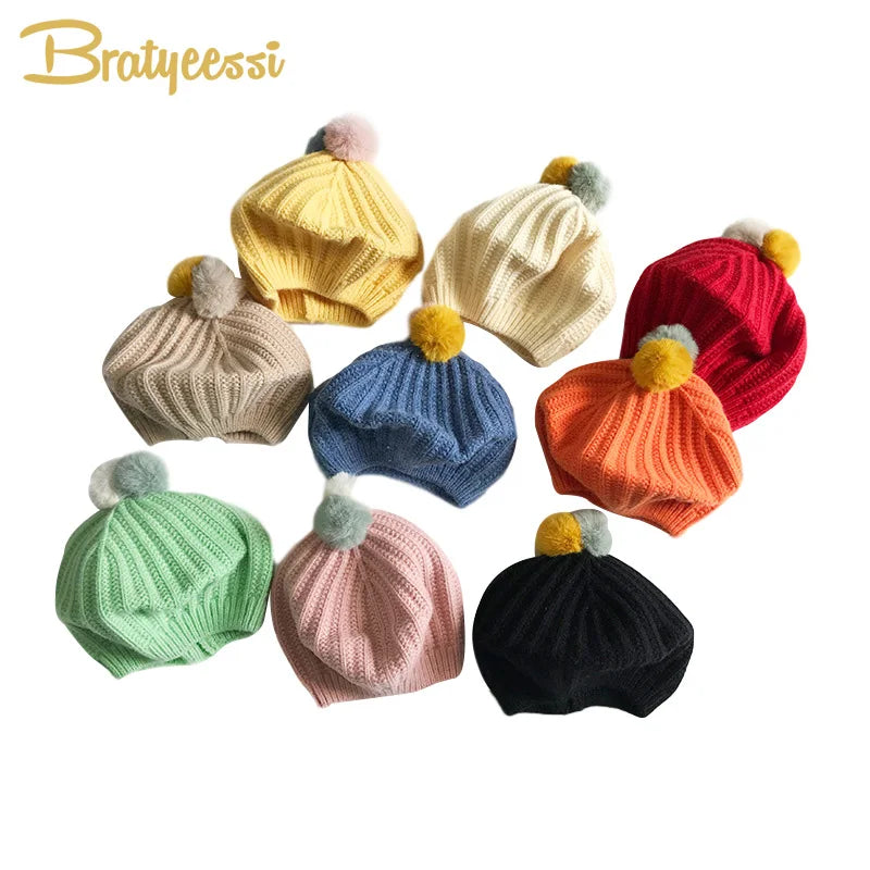 Cute Fur Ball Baby Hat for Girls Beret Hats - Bakyat Store