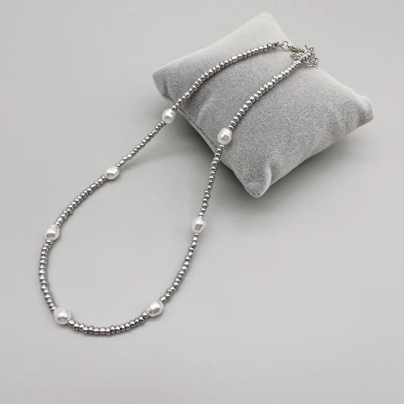 Silver Beads Pearl Necklace - Bakyat Store