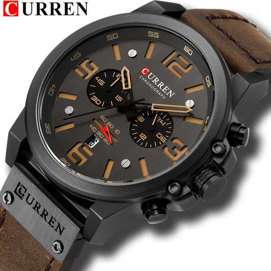 CURREN Mens Watches Top Luxury Brand Waterproof Sport Wrist Watch Chronograph Quartz Military Genuine Leather Relogio Masculino - Bakyat Store