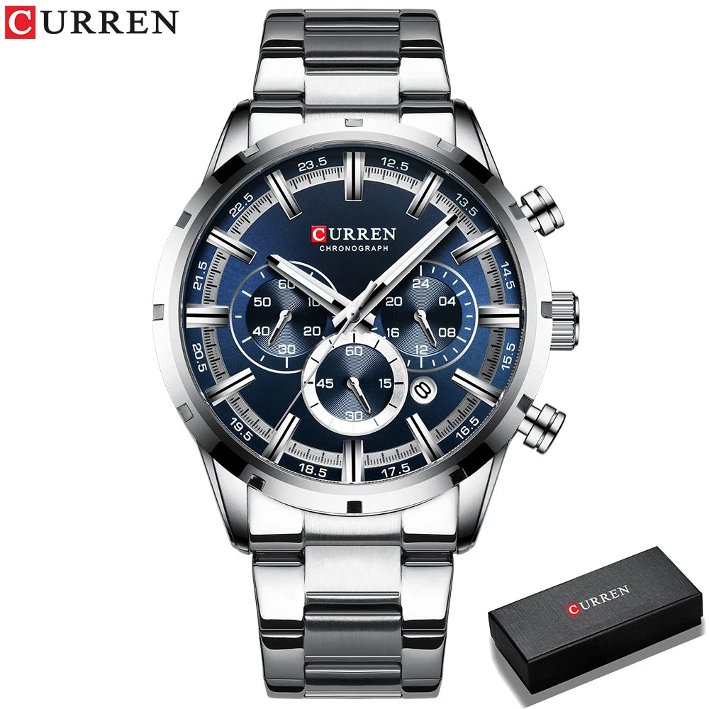 Curren Men's Watch Blue Dial Stainless Steel Band Date Mens Business Male Watches Waterproof Luxuries Men Wrist Watches for Men - Bakyat Store