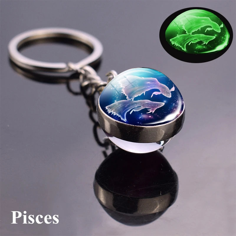 12 Constellation Luminous Keychain Glass Ball Pendant Zodiac Keychain - Bakyat Store