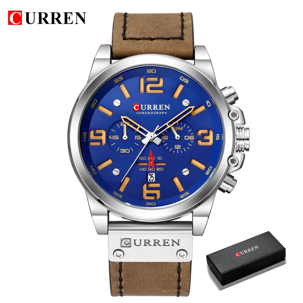 CURREN Mens Watches Top Luxury Brand Waterproof Sport Wrist Watch Chronograph Quartz Military Genuine Leather Relogio Masculino - Bakyat Store