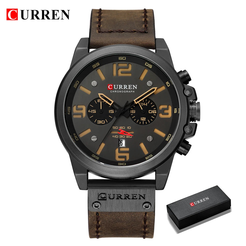 CURREN Mens Watches Top Luxury Brand Waterproof Sport Wrist Watch Chronograph Quartz Military Genuine Leather Relogio Masculino - Bakyat Store