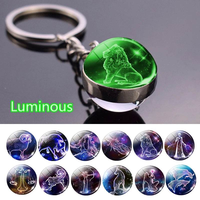 12 Constellation Luminous Keychain Glass Ball Pendant Zodiac Keychain - Bakyat Store