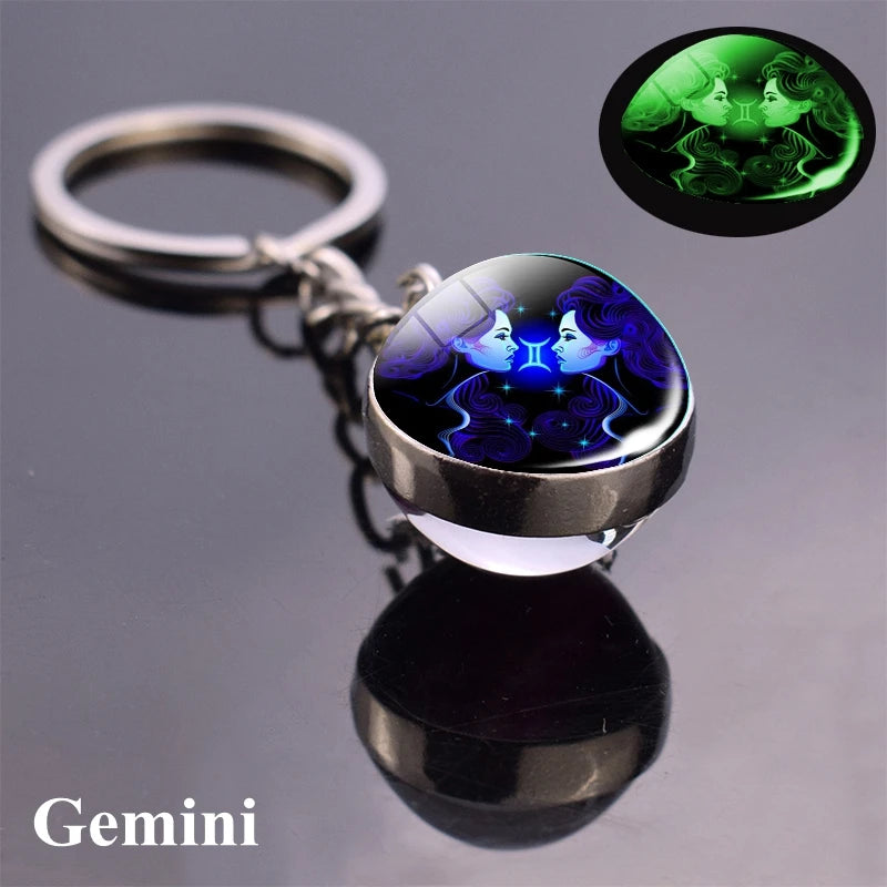 12 Constellation Luminous Keychain Glass Ball Pendant Zodiac Keychain - Bakyat Store