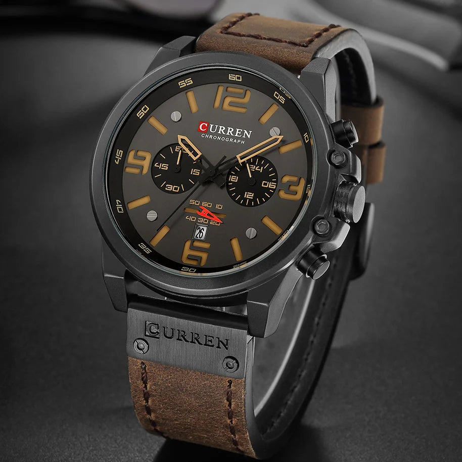 CURREN Mens Watches Top Luxury Brand Waterproof Sport Wrist Watch Chronograph Quartz Military Genuine Leather Relogio Masculino - Bakyat Store