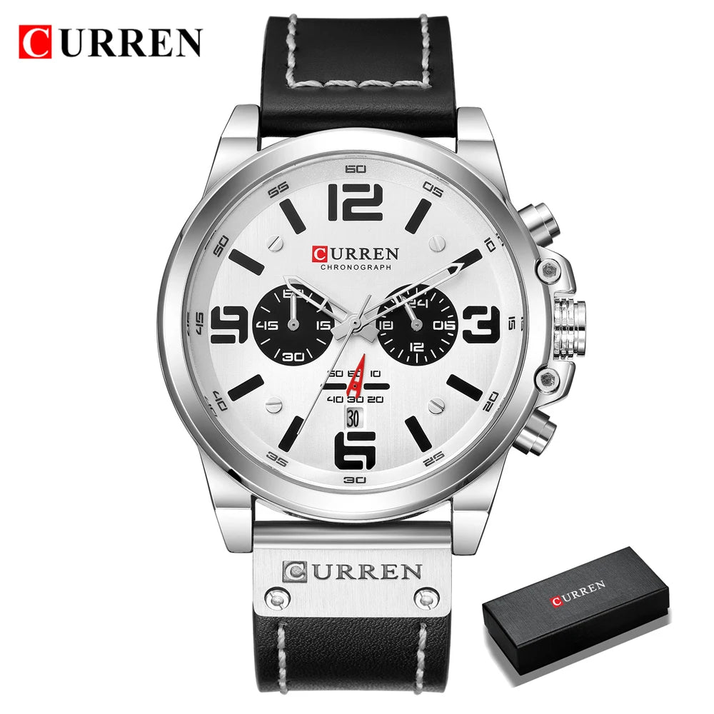 CURREN Mens Watches Top Luxury Brand Waterproof Sport Wrist Watch Chronograph Quartz Military Genuine Leather Relogio Masculino - Bakyat Store