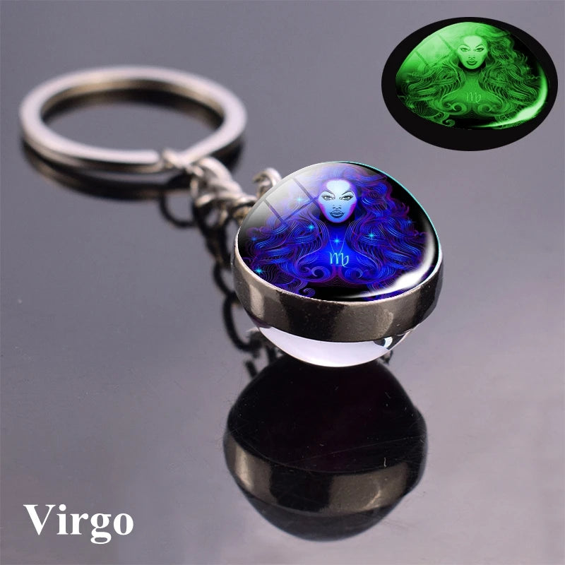 12 Constellation Luminous Keychain Glass Ball Pendant Zodiac Keychain - Bakyat Store