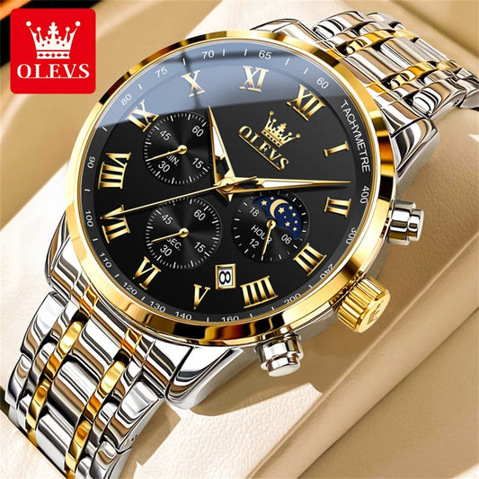 OLEVS 5529 Top Luxury Brand Men's Watch Waterproof Luminous Stainless Steel Lunar Phase Timing Code Watch New Quartz Men's Watch - Bakyat Store