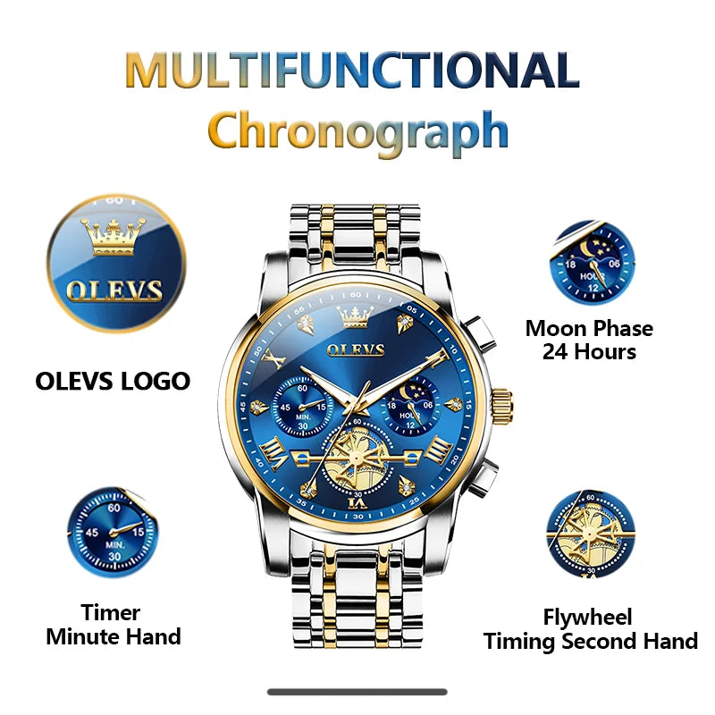 OLEVS Men's Watches Classic Multifunctional Fltwheel Chronograph Original Quartz Wristwatch Moon Phase 24 Hour Waterproof reloj - Bakyat Store