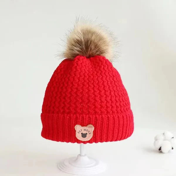 Plush Lining Baby Winter Hat Pompom Kids Beanie Scarf Fur Ball Bear - Bakyat Store