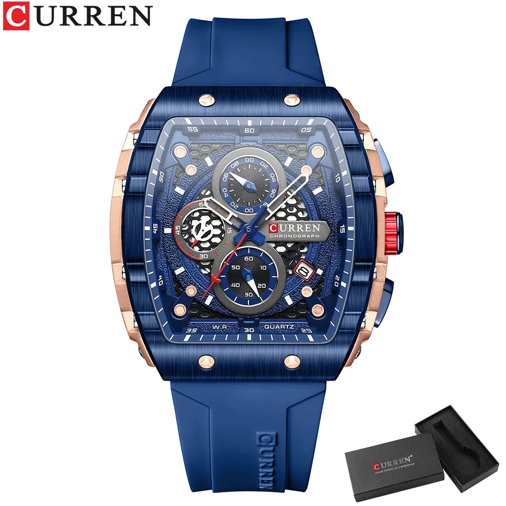 CURREN Sport Chronograph Quartz Watch for Men Fashion Blue Silicone Strap Tonneau Dial Wristwatch with Date 3atm Waterproof - Bakyat Store