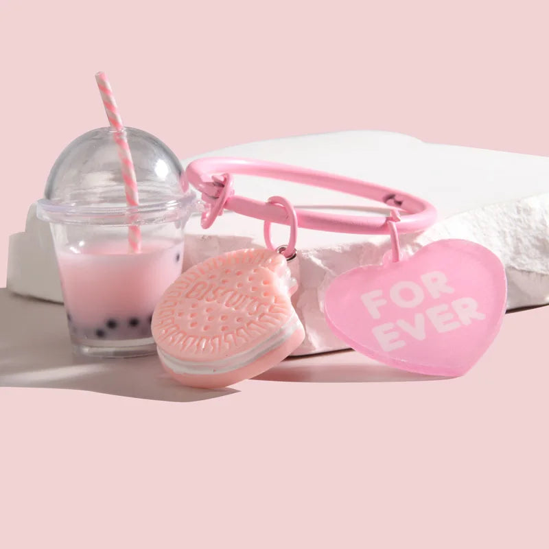 Cute Keychains Ice-cream Bubble Tea Biscuit Pink Key Rings - Bakyat Store