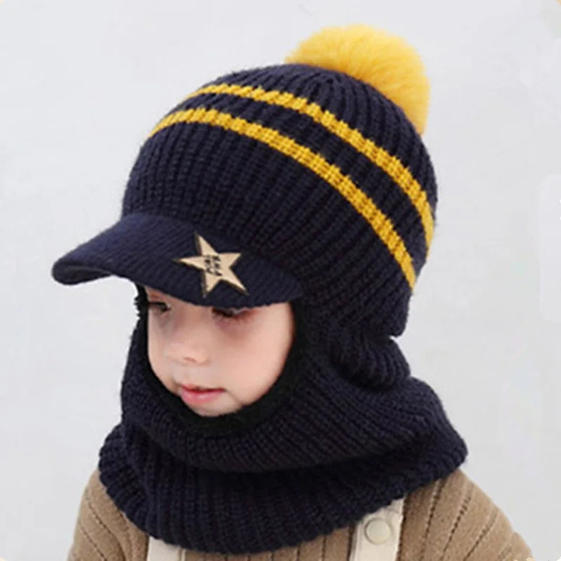 Pompom Baby Winter Hat Scarf One-piece - Bakyat Store