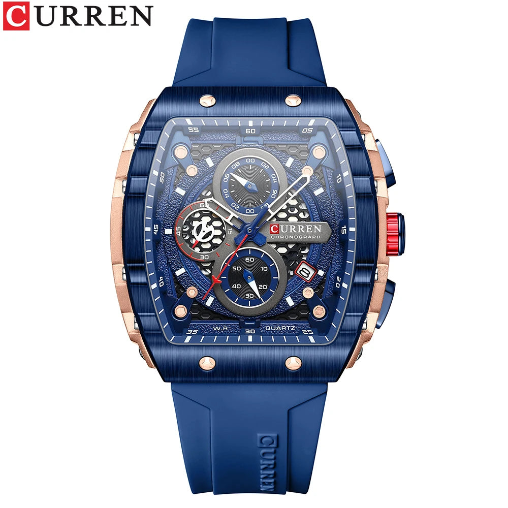 CURREN Sport Chronograph Quartz Watch for Men Fashion Blue Silicone Strap Tonneau Dial Wristwatch with Date 3atm Waterproof - Bakyat Store