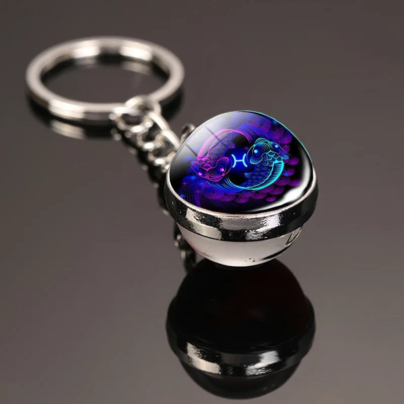 Creative 12 Constellation Key Ring Time Stone Double-Sided Glass Ball Metal Keychain - Bakyat Store