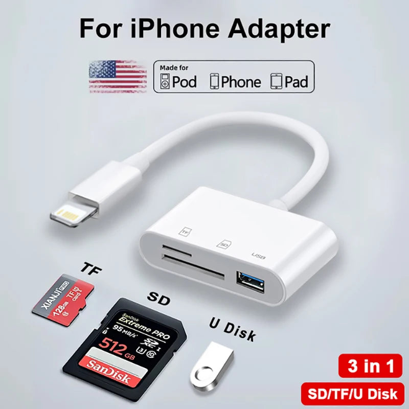 3 In 1 SD TF Card Reader For Apple iPhone 14 12 13 11 Pro Max XR XS USB C Camera Converter For iPad Android Laptop OTG Adapter - Bakyat Store