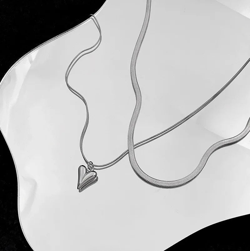 Double Layered Love Heart Pendant Necklace for Women Simple Neck Chain Jewelry - Bakyat Store