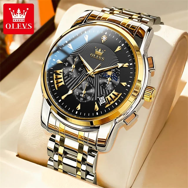 OLEVS Luxury Brand Quartz Watch for Men Waterpoof Chronograph Men's Wristwatch Auto Date Dual Calendar Moon Phase Man Watch New - Bakyat Store