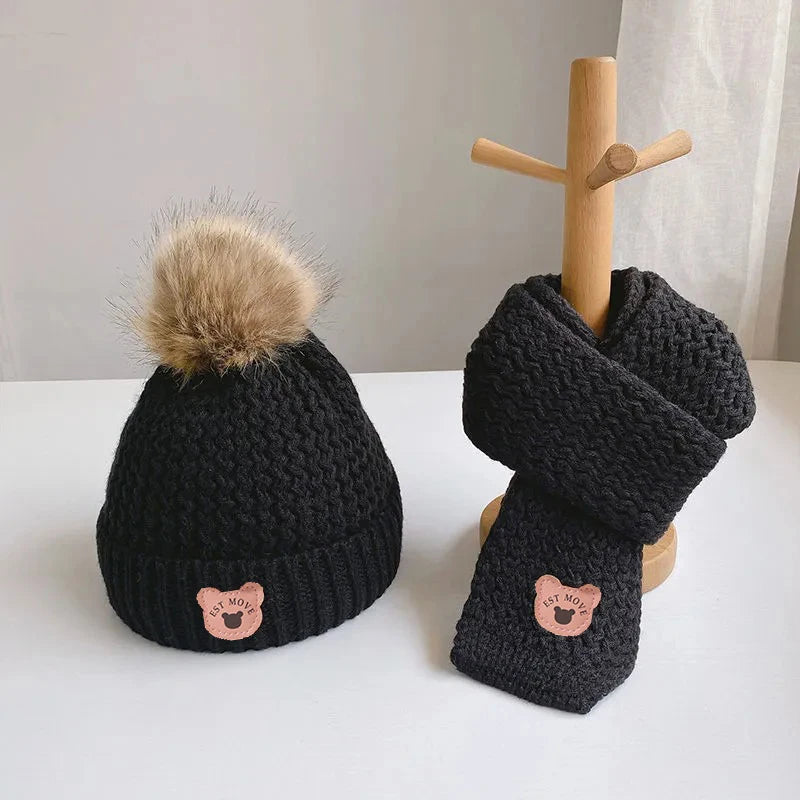 Plush Lining Baby Winter Hat Pompom Kids Beanie Scarf Fur Ball Bear - Bakyat Store