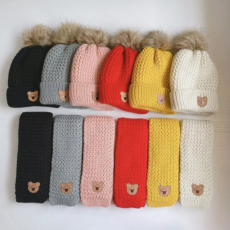 Plush Lining Baby Winter Hat Pompom Kids Beanie Scarf Fur Ball Bear - Bakyat Store