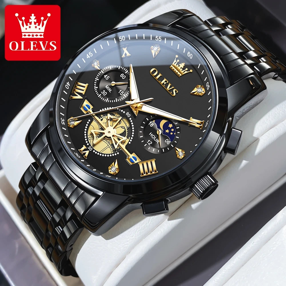 OLEVS Men's Watches Classic Multifunctional Fltwheel Chronograph Original Quartz Wristwatch Moon Phase 24 Hour Waterproof reloj - Bakyat Store