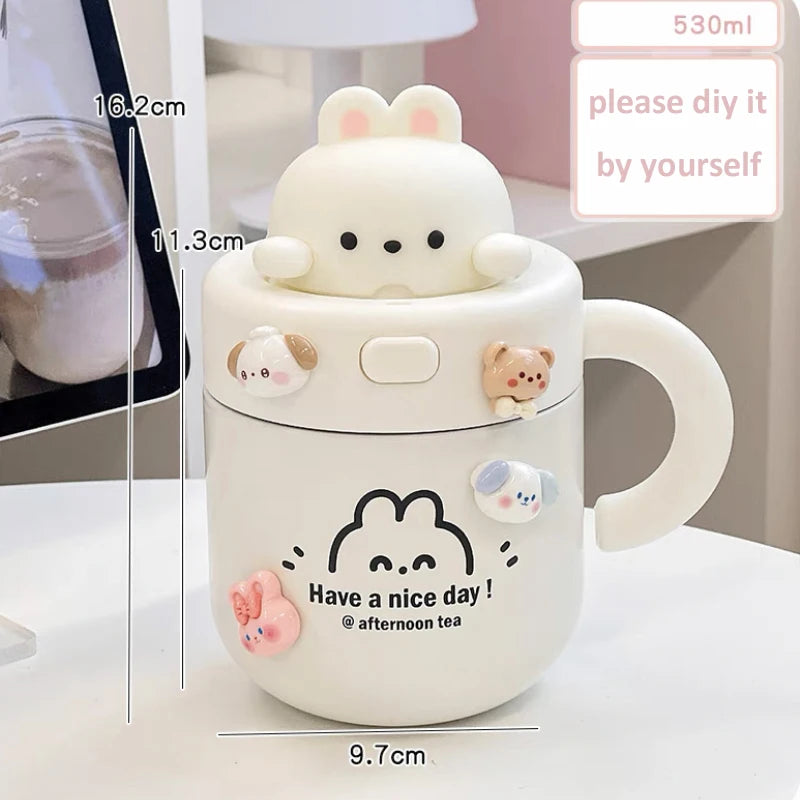 Kawaii Bear Coffee Thermal Cup Insulated Tumbler For Hot Cold Drinks Water Tea Thermos Mug Stainless Steel Cup With Straw Lid - Bakyat Store