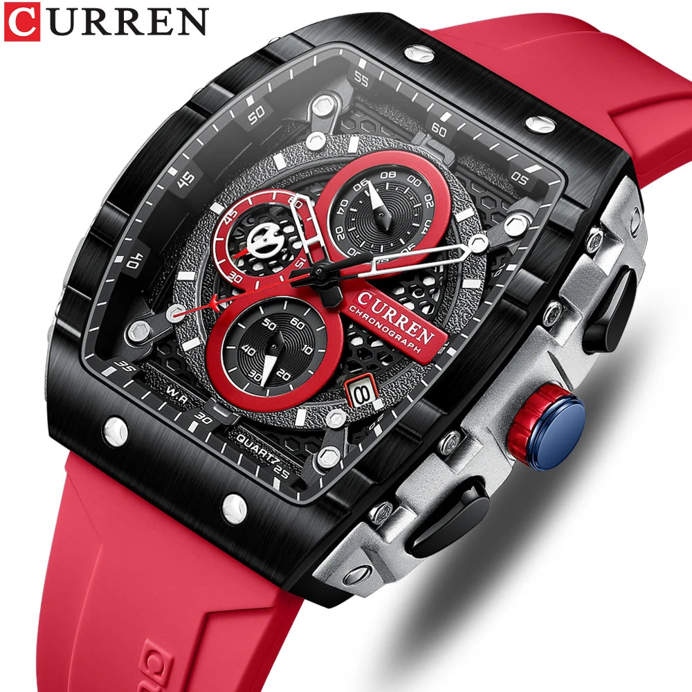 CURREN Sport Chronograph Quartz Watch for Men Fashion Blue Silicone Strap Tonneau Dial Wristwatch with Date 3atm Waterproof - Bakyat Store