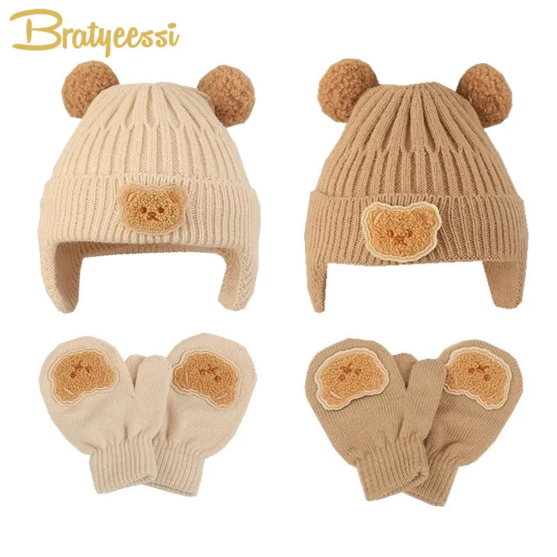 Bear Baby Winter Hat Gloves Set Pompom Infant Bonnet - Bakyat Store