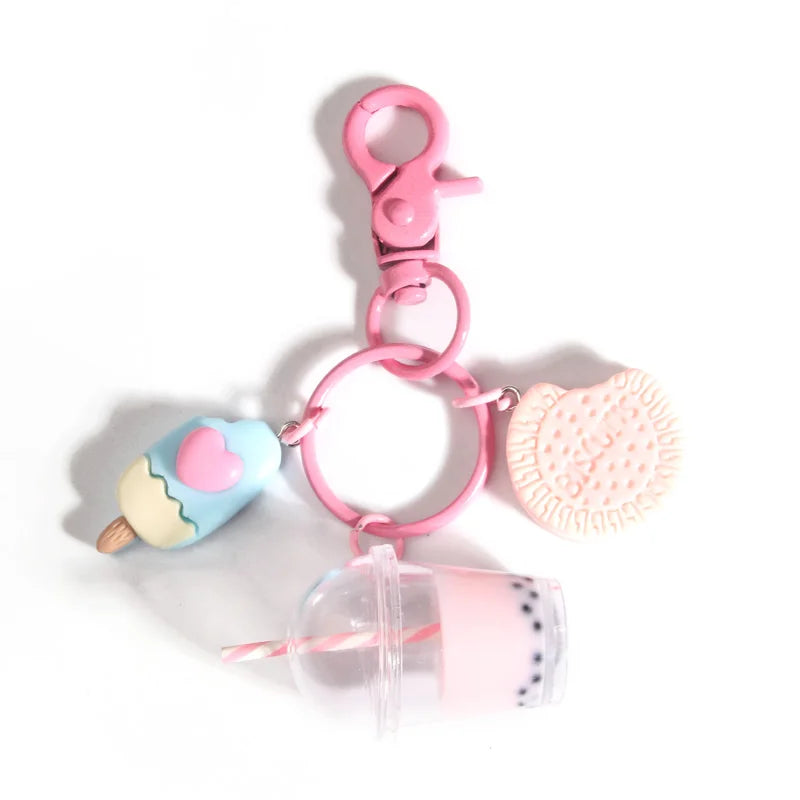 Cute Keychains Ice-cream Bubble Tea Biscuit Pink Key Rings - Bakyat Store