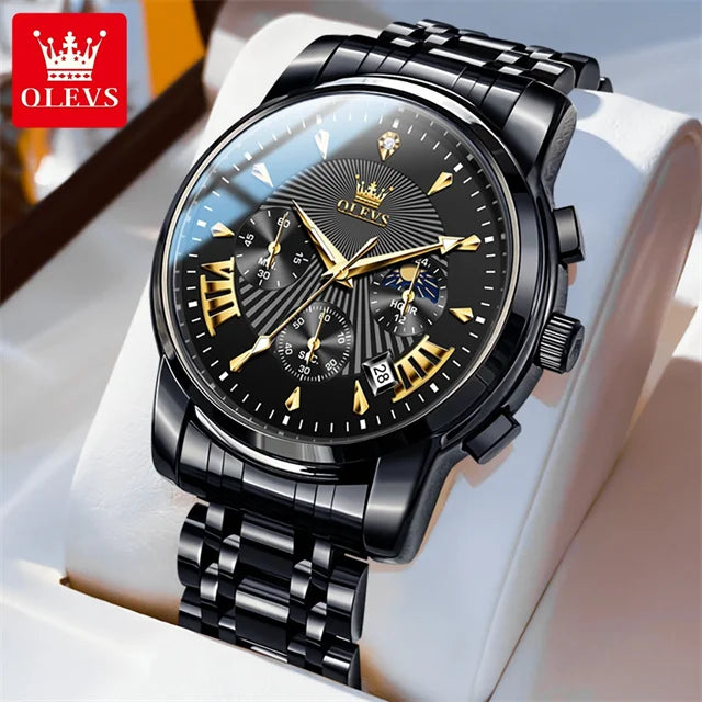 OLEVS Luxury Brand Quartz Watch for Men Waterpoof Chronograph Men's Wristwatch Auto Date Dual Calendar Moon Phase Man Watch New - Bakyat Store