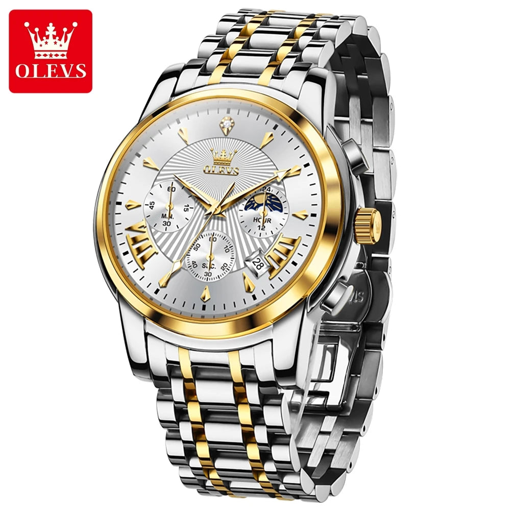 OLEVS Luxury Brand Quartz Watch for Men Waterpoof Chronograph Men's Wristwatch Auto Date Dual Calendar Moon Phase Man Watch New - Bakyat Store